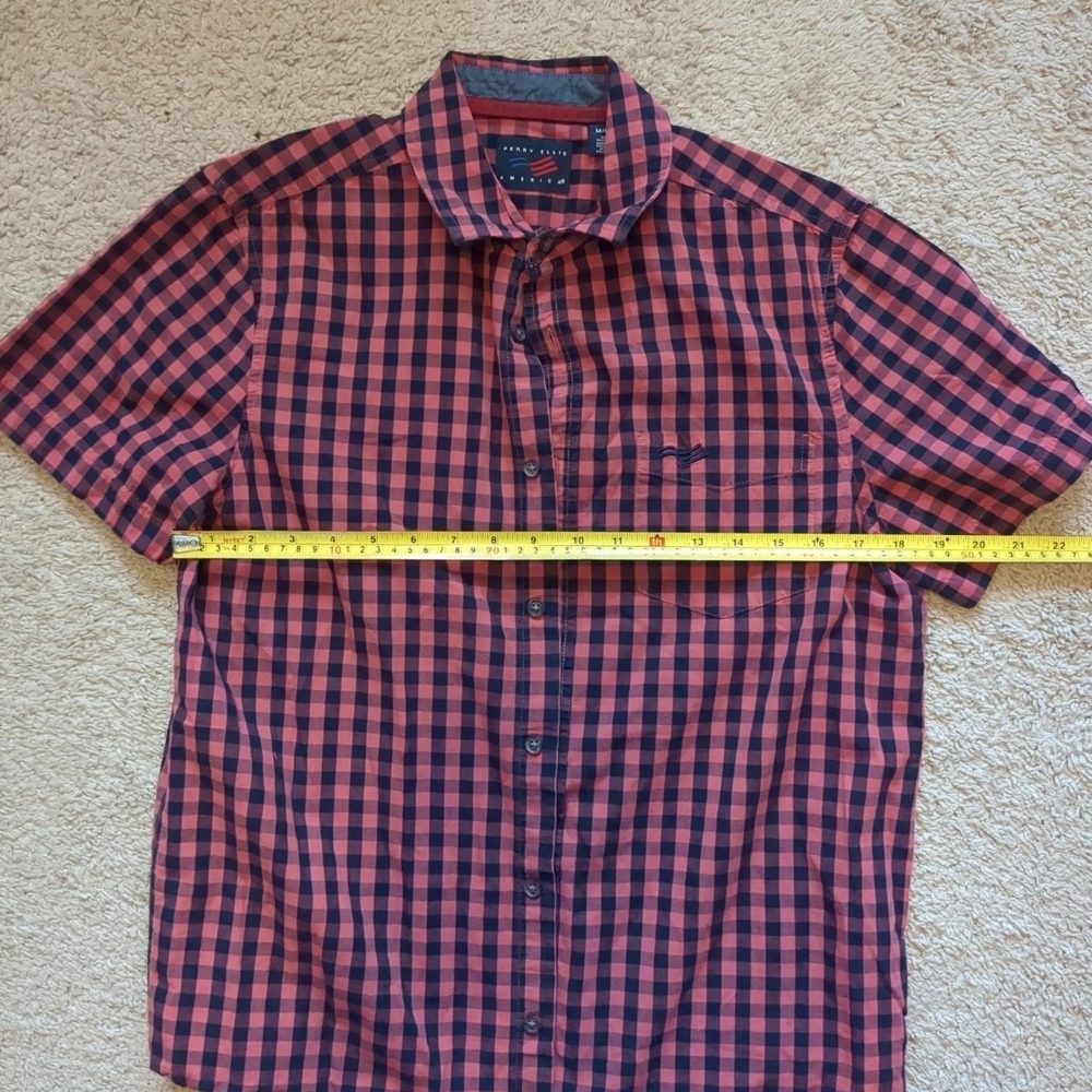 Perry Ellis Red and Navy Check Button-Down Shirt - Picture 2 of 5
